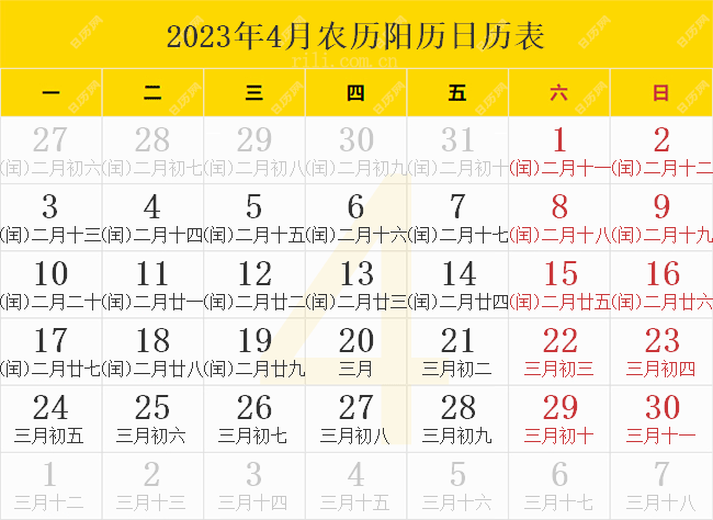 2023年4月农历阳历日历表