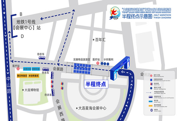 第33届大连马拉松赛半程终点区域示意图